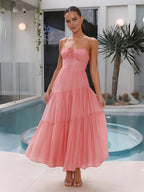 Semi-Sheer Back Smocking Design Tiered Cami Long Dress