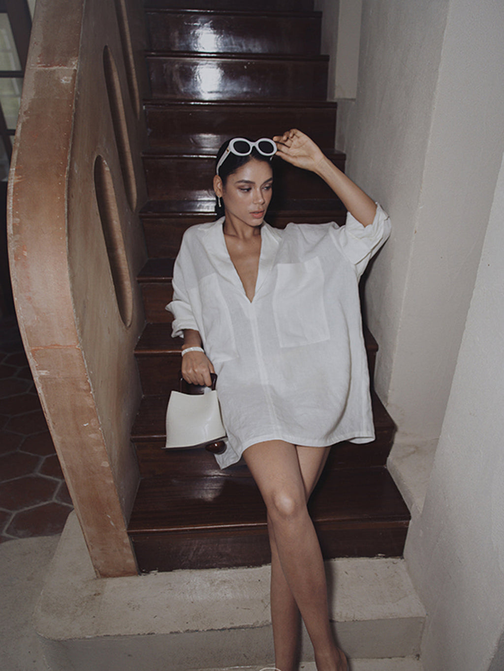 Oversized Linen Pockets Semi-Sheer Long Sleeve Dress