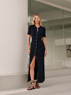 Metal Button Collar Midi Dress in Premium Fabric