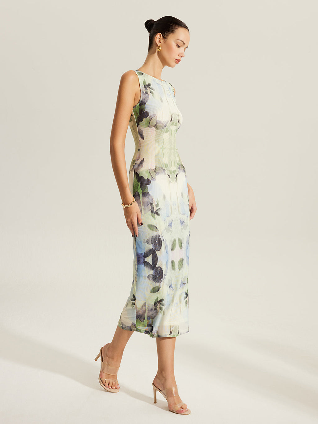 Floral Print Sleeveless Mesh Dress