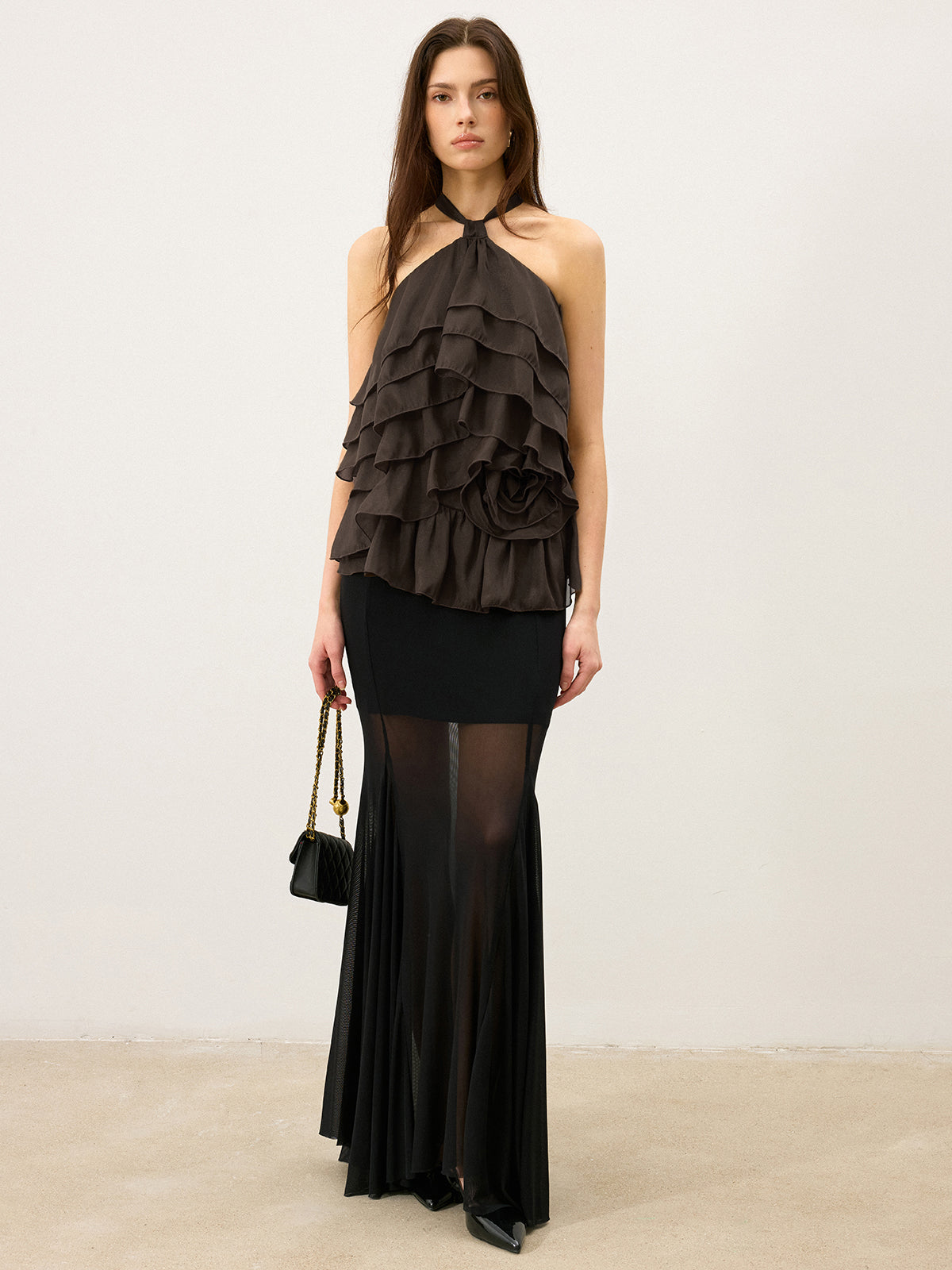 Tiered Ruffle Chiffon Halter Top with 3D Flower
