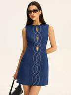 Linen & Cotton Cut-Out Contrast-Stitch Mini Dress