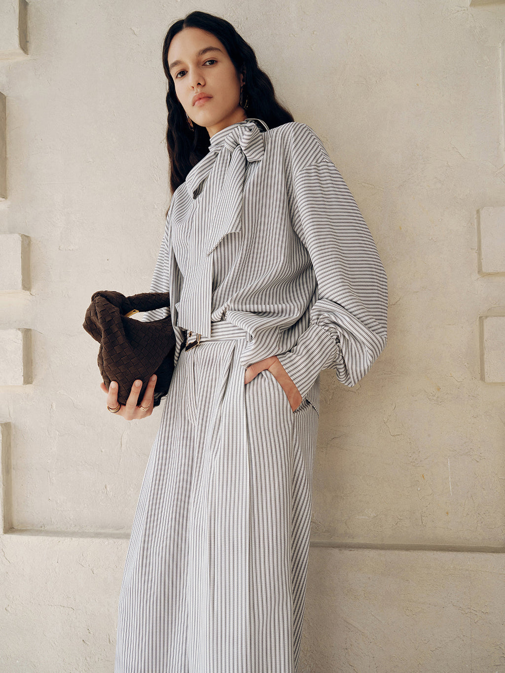 Belted Striped High-Waisted Wide-Leg Pants
