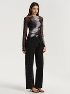 Mesh Tie-Dye Off-Shoulder Long Sleeve T-Shirt