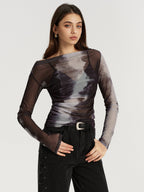Mesh Tie-Dye Off-Shoulder Long Sleeve T-Shirt