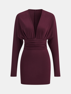 Deep V-Neck Ruched Long-Sleeve Mini Dress
