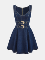 Denim Double-Buckle Mini Dress
