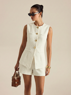 Metal Button Tweed Vest & Shorts Set