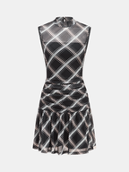Mock Neck Ruffle Sheer Plaid Mini Dress