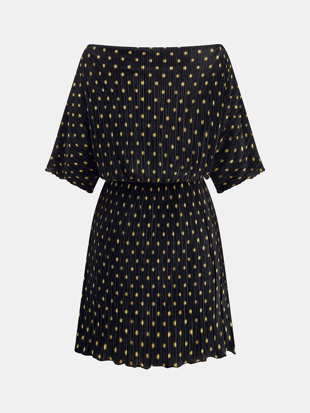 Off-Shoulder Polka Dot Pleated Mini Dress