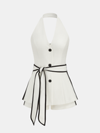 Contrast Trim Belted Halter Top & Shorts Set