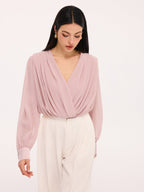 Pleated Deep V-Neck Long Sleeve Bodysuit