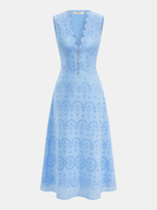 Cotton Sleeveless Embroidered Eyelet Dress with Deep V Neck