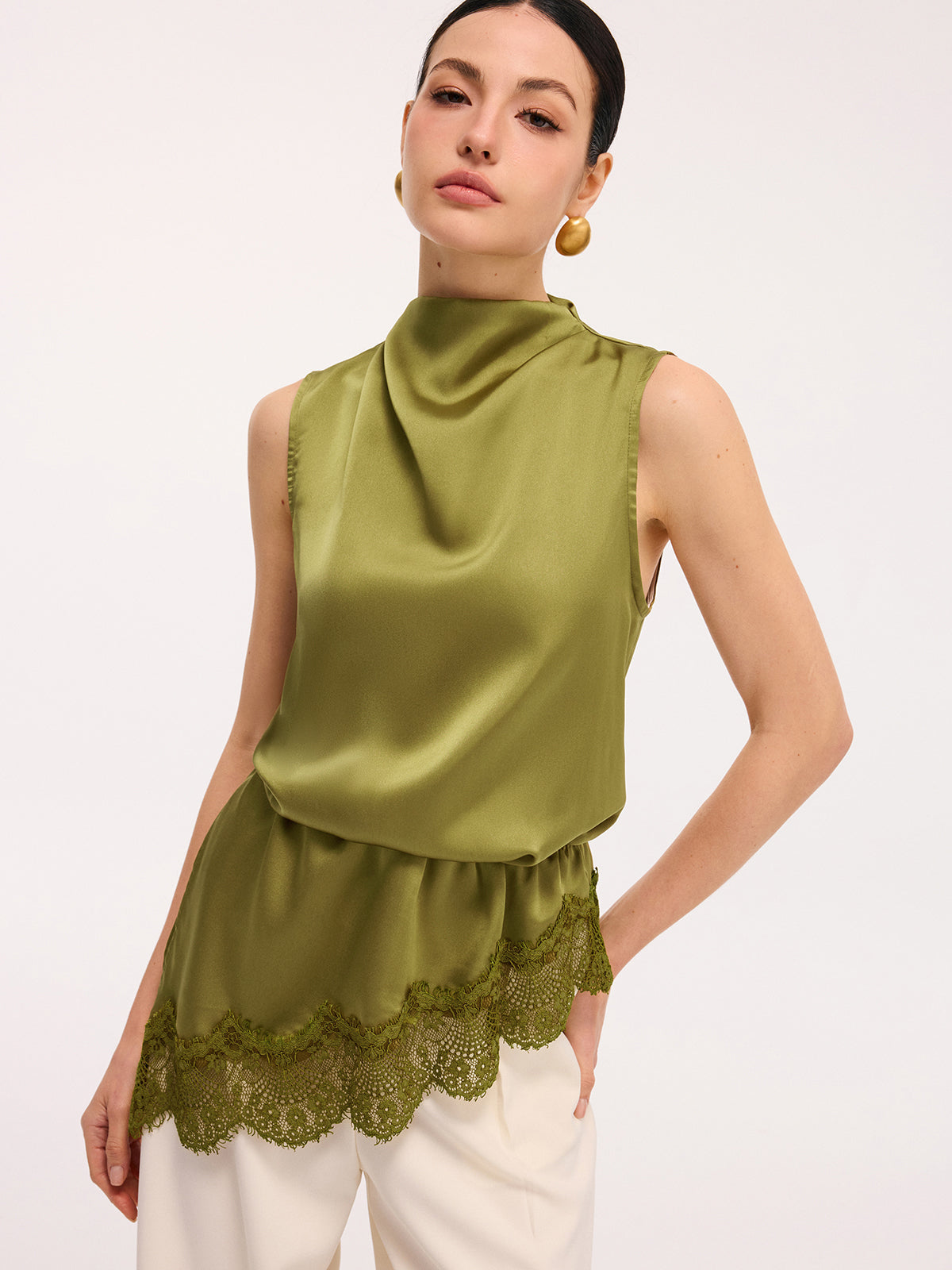 Lace Trim Satin Sleeveless Blouse