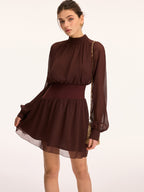 High Neck Waist-Cinching Chiffon Mini Dress