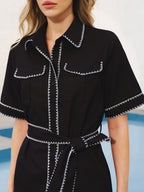 Oversized Contrast Stitch Belted Shirt Dress