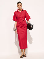 Cotton Pleated Shirt Midi Dress