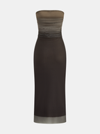 Ombre Mesh Ruched Strapless Midi Dress