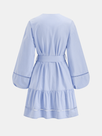 Cotton V-Neck Lantern Sleeve Belted Mini Dress