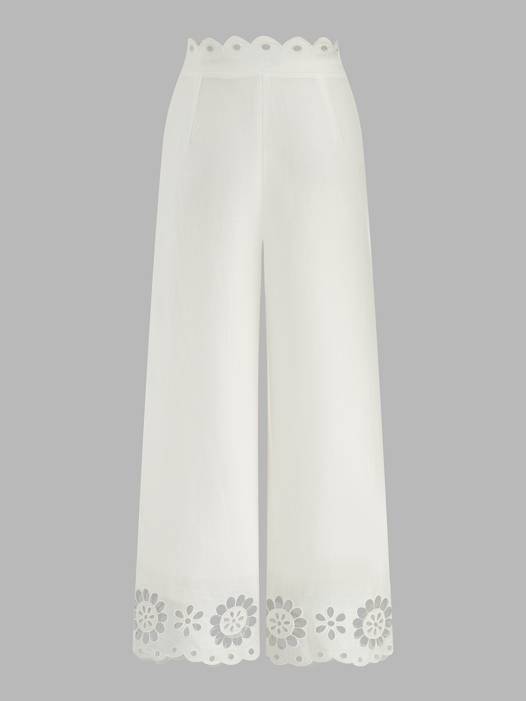 Scalloped Eyelet Linen Blend Wide Leg Pants