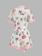 Cotton Linen Tropical Print Belted Romper