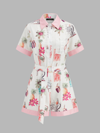 Cotton Linen Tropical Print Belted Romper