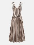 Striped Tie Shoulder V Neck Maxi Dress