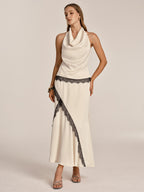 Lace Trim Satin Cowl Neck Top & Mermaid Skirt Set