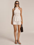 Cotton Blend Halter Peplum Top & Shorts Set