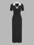 Contrast Collar Short Sleeve Knit Maxi Dress