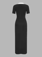 Contrast Collar Short Sleeve Knit Maxi Dress
