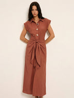 Tie Waist Collared Sleeveless Maxi Dress