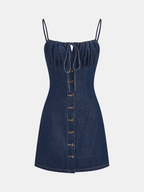 Drawstring Button Denim Cami Mini Dress