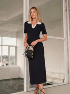 Contrast Collar Short Sleeve Knit Maxi Dress