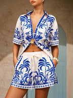 Palm Tree Print Shirt & Drawstring Shorts Set