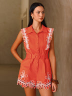 Embroidered Trim Belted Sleeveless Romper