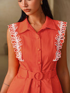 Embroidered Trim Belted Sleeveless Romper