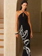 Leaf Embroidered Halter Maxi Dress
