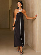 Satin Contrast Trim Halter Midi Dress
