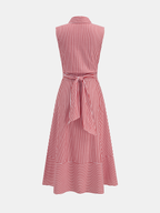 Striped Collared Sleeveless Tie Waist Midi Dress