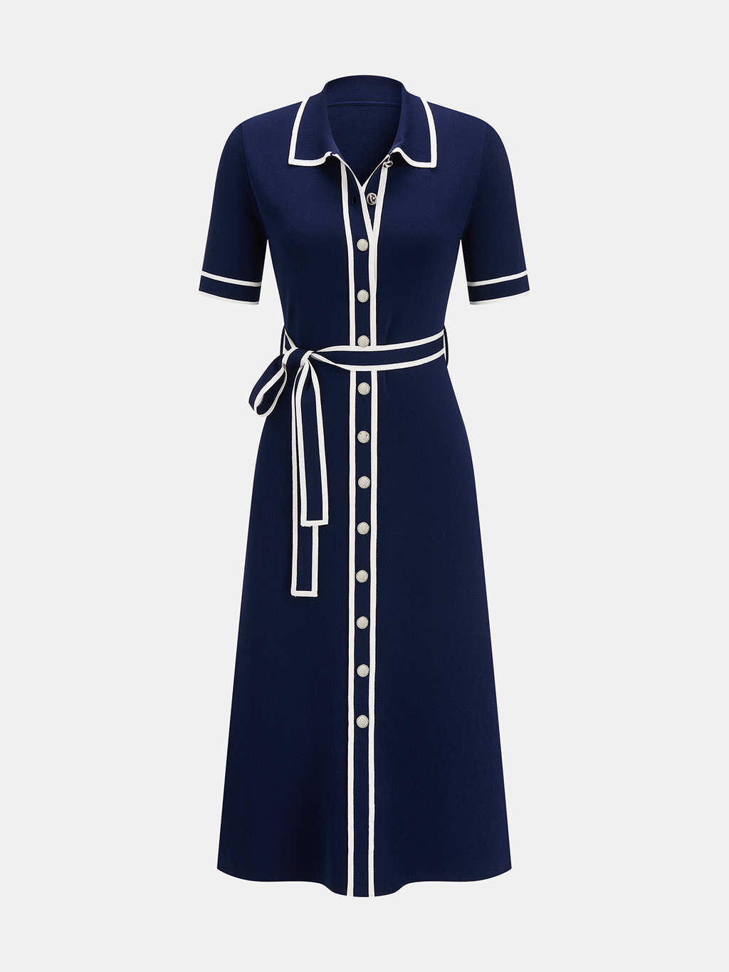 Contrast Trim Belted Short Sleeve Knit Dress