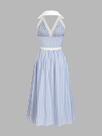 Striped Cotton Blend Collared Halter Midi Dress