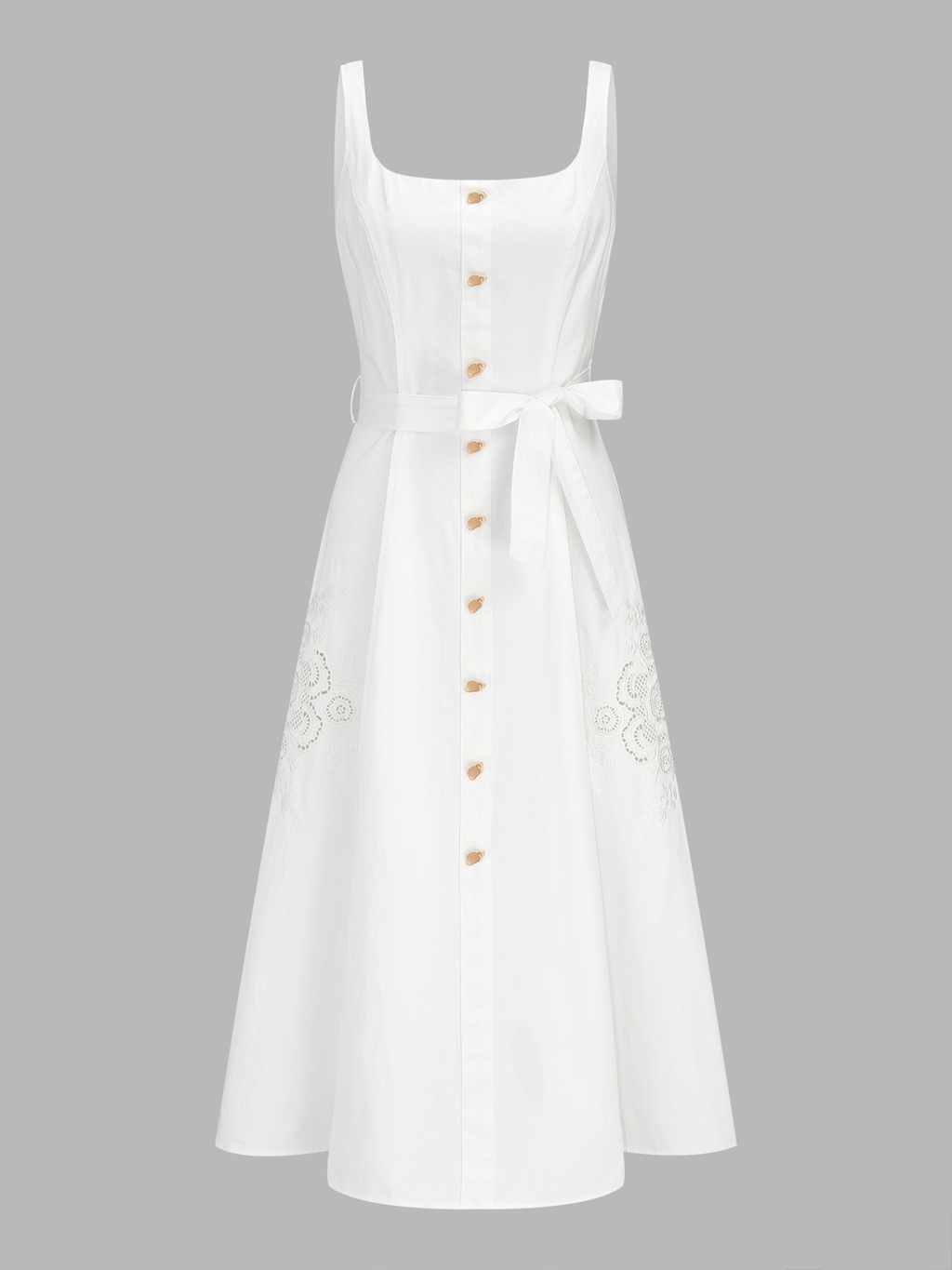 Eyelet Embroidery Belted Square Neck Maxi Dress