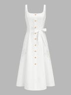 Eyelet Embroidery Belted Square Neck Maxi Dress