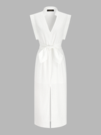 Cotton-Linen Sleeveless V-Neck Bow Split Dress