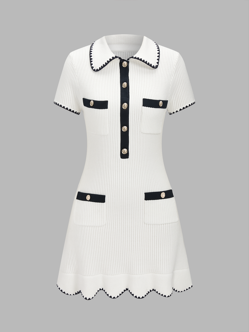 Polo Collar Contrast Trim Ribbed Knit Mini Dress