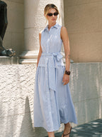 Striped Sleeveless Belted Maxi Shirt Dress