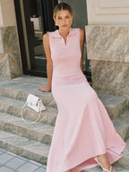 Polo Collar Sleeveless Ribbed Knit Maxi Dress