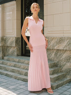 Polo Collar Sleeveless Ribbed Knit Maxi Dress