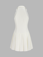 Metal Button Lapel Pleated Mini Dress